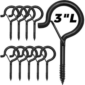 10 PCS 3 inches Q-Hanger Hooks with Safety Buckle, Screw Hooks for Outdoor String Lights, Ceiling Hooks for Hanging Plants, Black
