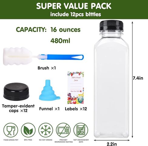 سوبرليل 12 قطعة من زجاجات عصير بلاستيكية فارغة 16 اونصة مع اغطية، زجاجات مياه قابلة لاعادة الاستخدام، حاويات شفافة للمشروبات السائبة مع اغطية سوداء غير قابلة للعبث لعصر العصائر والمشروبات الاخرى in Kuwait