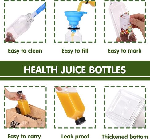 سوبرليل 12 قطعة من زجاجات عصير بلاستيكية فارغة 16 اونصة مع اغطية، زجاجات مياه قابلة لاعادة الاستخدام، حاويات شفافة للمشروبات السائبة مع اغطية سوداء غير قابلة للعبث لعصر العصائر والمشروبات الاخرى in Kuwait