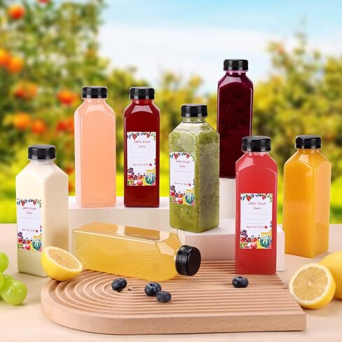 سوبرليل 12 قطعة من زجاجات عصير بلاستيكية فارغة 16 اونصة مع اغطية، زجاجات مياه قابلة لاعادة الاستخدام، حاويات شفافة للمشروبات السائبة مع اغطية سوداء غير قابلة للعبث لعصر العصائر والمشروبات الاخرى in Kuwait