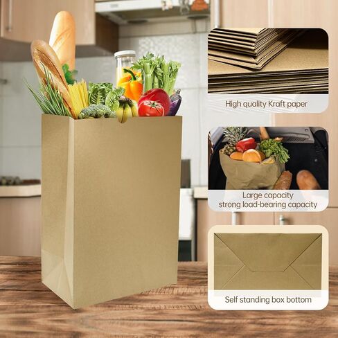 KBG 80 Lb Kraft Brown Paper Bags,50 Pcs 12x7x17 Inch Kraft Brown Paper Grocery Bags Bulk,Extra Heavy Duty Large Kraft Paper Sacks for Grocery Shopping Take Out Bags in Kuwait