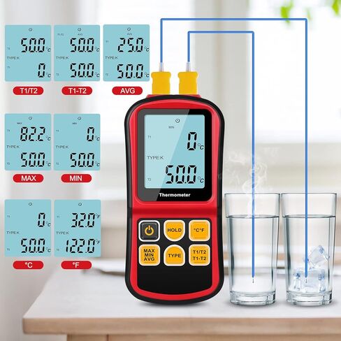Aivica ميزان حرارة رقمي ثنائي القناة ميزان حرارة درجة الحرارة مع اثنين من نوع K-نوع مسبار حراري خلفي LCD K نوع ميزان حرارة لـ K/J/T/E/R/S/N الحرارية in Kuwait