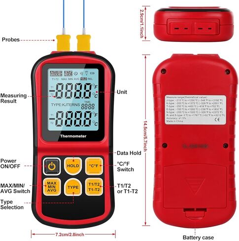 Aivica ميزان حرارة رقمي ثنائي القناة ميزان حرارة درجة الحرارة مع اثنين من نوع K-نوع مسبار حراري خلفي LCD K نوع ميزان حرارة لـ K/J/T/E/R/S/N الحرارية in Kuwait