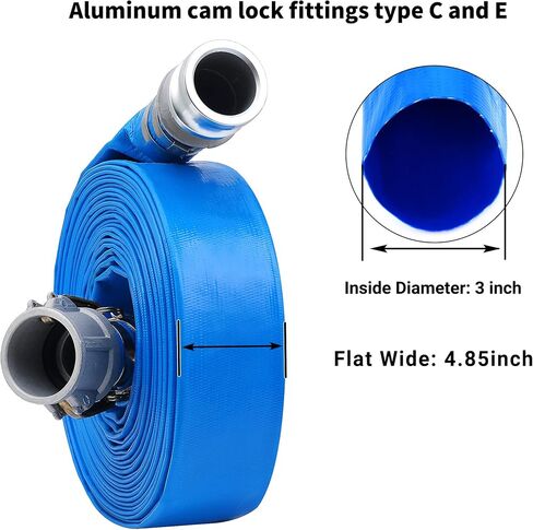 خرطوم الغسيل العكسي لمضخة حمام السباحة مقاس 2 بوصة × 100 قدم مع تركيبات Camlock C & E من الألومنيوم، وتركيب قفل الكامة من النوع F متضمن، مجموعة خرطوم التفريغ المسطح من مادة PVC المقواة للخدمة الشاقة in Saudi Arabia