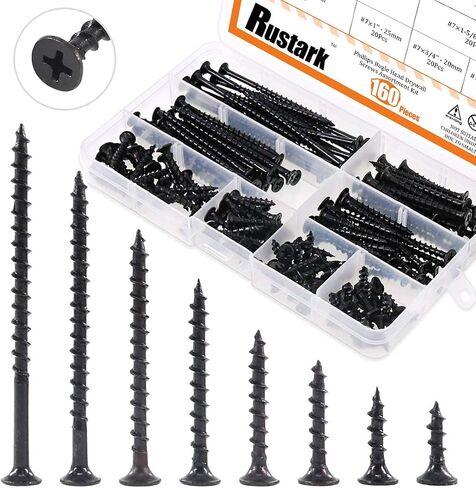 Rustark 160-Pcs #7 Coarse Thread Drywall Screw with Phillips Drive Black Oxide Finsh Bugle Head Wood Screws Assortment Kit Ideal for Drywall Sheetrock in Kuwait
