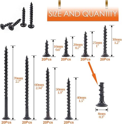 Rustark 160-Pcs #7 Coarse Thread Drywall Screw with Phillips Drive Black Oxide Finsh Bugle Head Wood Screws Assortment Kit Ideal for Drywall Sheetrock in Kuwait