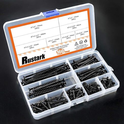 Rustark 160-Pcs #7 Coarse Thread Drywall Screw with Phillips Drive Black Oxide Finsh Bugle Head Wood Screws Assortment Kit Ideal for Drywall Sheetrock in Kuwait