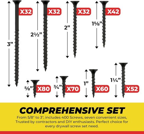 Qualihome Drywall Screw Assortment Kit - Coarse Thread, Wood Screw Assortment, Sheetrock Screws, 7 Sizes (5/8", 3/4", 1", 1-1/4", 1-5/8", 2", 2-1/2", 3") - Drywall Screws Assortment in Kuwait