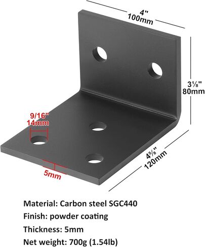 2 Pcs Black 4¾ Inches Heavy Duty L Right Angle Brackets, Steel Thickness 5mm, Bolt Holes Diameter 14mm, Max Load 180lb in Saudi Arabia