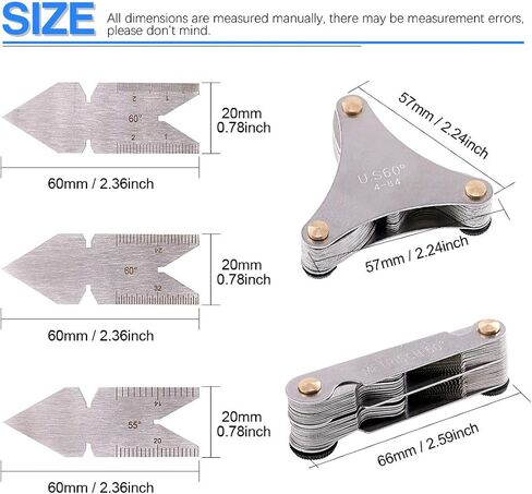 Glarks 5Pcs Stainless Steel Screw Thread Pitch Cutting Gauge Tool Set, 51Pcs America SAE Type + 52Pcs Metric & America SAE Type & British Whitworth + 3Pcs Center Gage, Packed in Plastic Box in Saudi Arabia