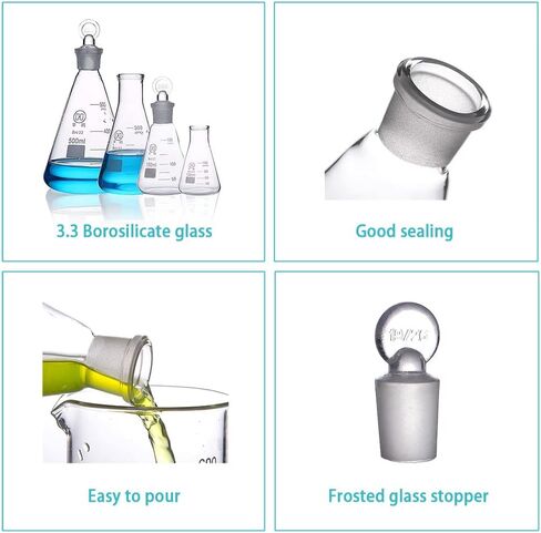 50ml Narrow Mouth Glass Erlenmeyer Flask with Ground Glass Stopper, 3.3 Borosilicate Glass Graduated Flask with Printed Graduation, HUAOU, Pack of 3 in Kuwait