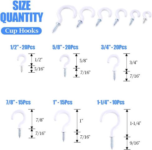 Glarks 100-Pieces 6 Sizes Black Vinyl Coated Cup Hooks Screw-in Ceiling Hooks Screw Hooks Mug Hooks Hangers Assortment Kit for Home and Office Use in Kuwait