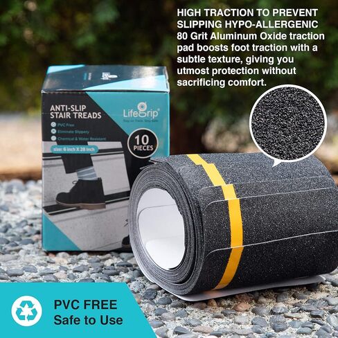 مداس LifeGrip المضاد للانزلاق مع شريط عاكس (10 عبوات)، 6 بوصة × 28 بوصة، أفضل شريط قبضة غير قابل للانزلاق، شريط مانع للانزلاق في الهواء الطلق، لاصق كاشط عالي الاحتكاك لخطوات السلالم، أسود in Kuwait