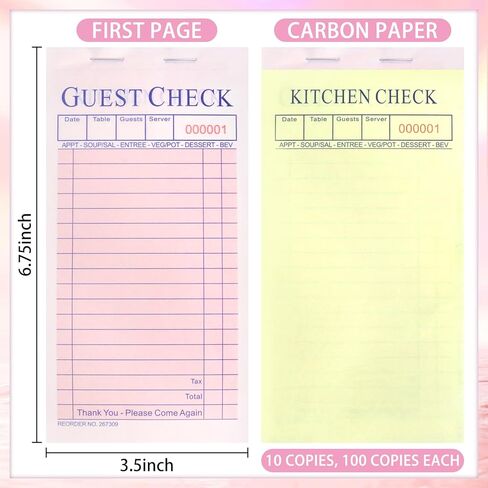 Rcybeo 1000 Sheets Guest Check Server Note Pads with Carbonless Copy Paper, 10 Guest Check Waitress Books, Pink Guest Check Paper Receipt Books, Carbonless Order Books in Kuwait