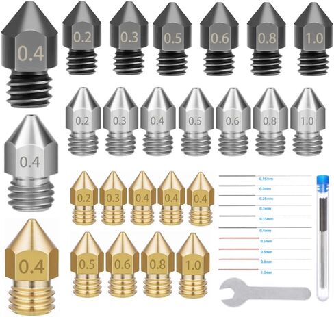 فوهات طابعة ثلاثية الأبعاد، 25 قطعة فوهة MK8 من الفولاذ المقوى، الفولاذ المقاوم للصدأ، فوهة نحاسية مقاومة لدرجات الحرارة العالية مع مجموعة أدوات تنظيف لسلسلة Makerbot Ender 3 / Ender 3Pro، CR-10 in Kuwait