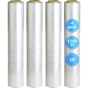 [صنع في الولايات المتحدة الأمريكية] ريلي. 4 رول | غلاف مطاطي مقاس 18 بوصة (1500 قدم/لفة) غلاف شفاف قابل للانكماش/غلاف بلاستيكي قابل للتمدد للتحرك - فيلم مطاطي ملتصق بمنصة بلاستيكية - فيلم مطاطي مقاس 18 بوصة للتحرك والتخزين in Kuwait