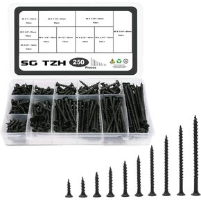 #8 Drywall Screws 250PCS Black Carbon Steel Flat Head Fast Self Tapping Drywall Screws,Wood Screws,Wood Screws Assortment Set by SG TZH