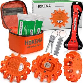 HOKENA 11 Piece Set -LED Road Flares | Roadside Emergency Lights for Vehicles | Boat Flares - Roadside Safety Disc w/Thermal Blanket, Window Breaker Seatbelt Cutter & Premium Road Flare Container Bag