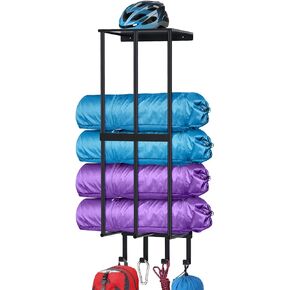 Camping Chair Wall Storage for Garage, Metal Camping Chair Storage Rack Wall Holder, Floating Shelf, 4 Hooks, Stainless Steel, Beach Chair Rack, Umbrella Holder, Garage Chair Organizer, Black