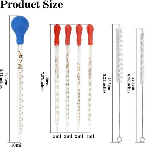 6Pcs Glass Pipettes Dropper, 1ml 2ml 3ml 5ml 10ml Graduated Liquid Dropper, with Rubber Bulb and Cleaning Brush, Transfer Pipettes for Essential Oil in Saudi Arabia