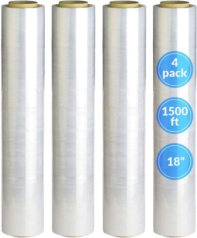 [صنع في الولايات المتحدة الأمريكية] ريلي. 4 رول | غلاف مطاطي مقاس 18 بوصة (1500 قدم/لفة) غلاف شفاف قابل للانكماش/غلاف بلاستيكي قابل للتمدد للتحرك - فيلم مطاطي ملتصق بمنصة بلاستيكية - فيلم مطاطي مقاس 18 بوصة للتحرك والتخزين in Kuwait