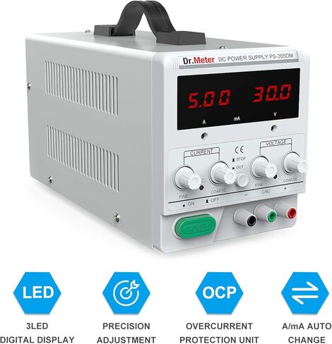 مصدر طاقة تيار مستمر، Dr.meter 30V 5A قابل للتعديل، مزود طاقة خطي منظم للتيار المستمر مع أسلاك تمساح و3 شاشات LED رقمية، مصدر طاقة متغير مع كابل أمريكي ذو 3 شقوق in Kuwait