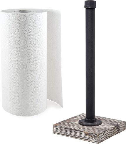 MyGift Industrial Brass Metal Pipe Paper Towel Holder Stand Kitchen Countertop Paper Towel Dispenser with Torched Solid Wood Base in Saudi Arabia