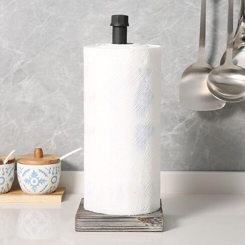 MyGift Industrial Brass Metal Pipe Paper Towel Holder Stand Kitchen Countertop Paper Towel Dispenser with Torched Solid Wood Base in Saudi Arabia