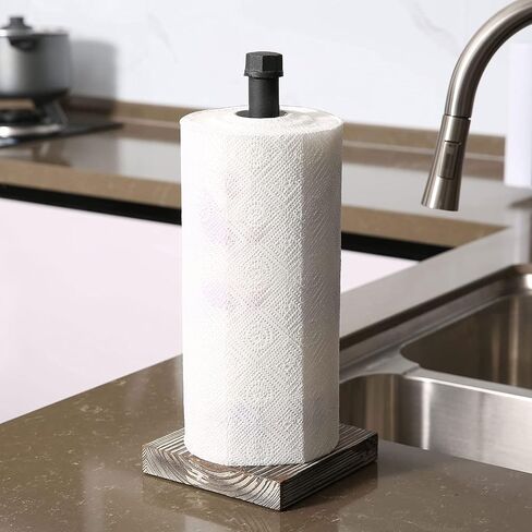 MyGift Industrial Brass Metal Pipe Paper Towel Holder Stand Kitchen Countertop Paper Towel Dispenser with Torched Solid Wood Base in Saudi Arabia
