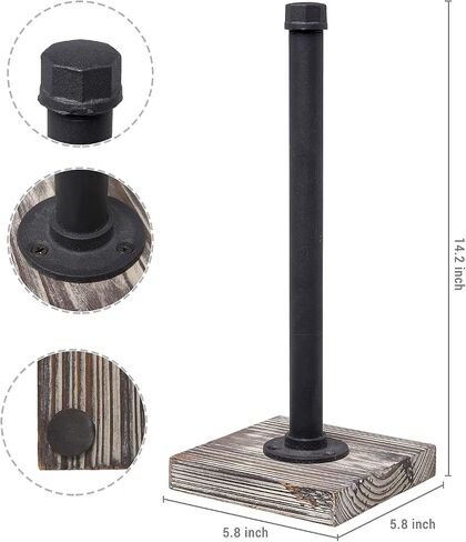 MyGift Industrial Brass Metal Pipe Paper Towel Holder Stand Kitchen Countertop Paper Towel Dispenser with Torched Solid Wood Base in Saudi Arabia