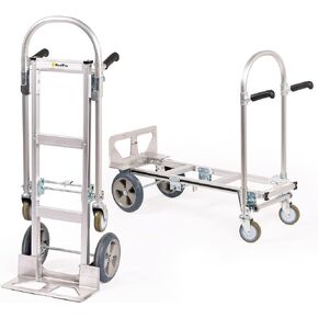 شاحنة يدوية قابلة للتحويل من HaulPro Junior شديدة التحمل مع مقابض مزدوجة - عربة دوللي من الألومنيوم للتحرك - سعة 1000 رطل - تتحول من شاحنة يدوية إلى عربة دفع منصة - 52 بوصة طول × 41 بوصة عرض × 44 بوصة ارتفاع