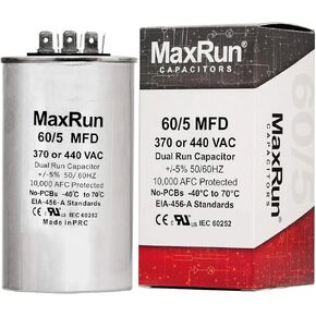 MAXRUN 60+5 MFD uf 370 أو 440 فولت VAC محرك مستدير مزدوج التشغيل لمكثف مكيف الهواء المتردد - 60/5 فائق التوهج MFD 440V مضخة تبريد أو حرارة مستقيمة - سيتم تشغيل محرك التيار المتردد والمروحة - ضمان لمدة 5 سنوات in Kuwait