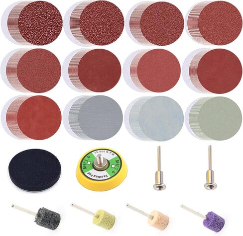 137 قطعة من أقراص الصنفرة مقاس 2 بوصة، 40-7000 حبيبة مع إسفنجة تلميع وتلميع، لوحة داعمة للساق 1/8 بوصة، وسادات سنفرة لمطحنة الحفر والأدوات الدوارة المرفقة لتفاصيل التلميع in Kuwait