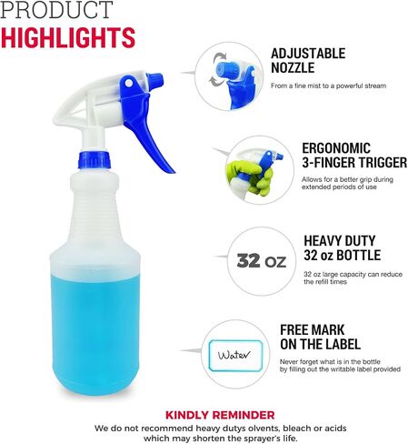 3X High Output Heavy Duty Spray Bottles for Cleaning Solutions, 2 Pack, 32 oz Commercial, Industrial Spray Bottles for Household Cleaning and Car Detailing. in Kuwait
