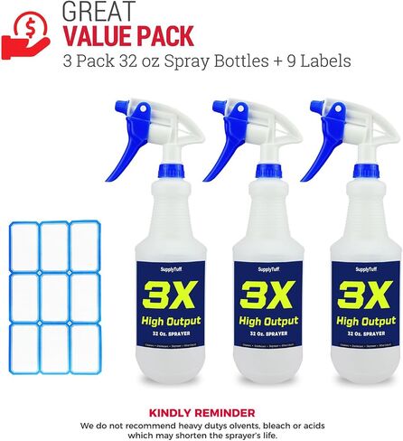 3X High Output Heavy Duty Spray Bottles for Cleaning Solutions, 2 Pack, 32 oz Commercial, Industrial Spray Bottles for Household Cleaning and Car Detailing. in Kuwait