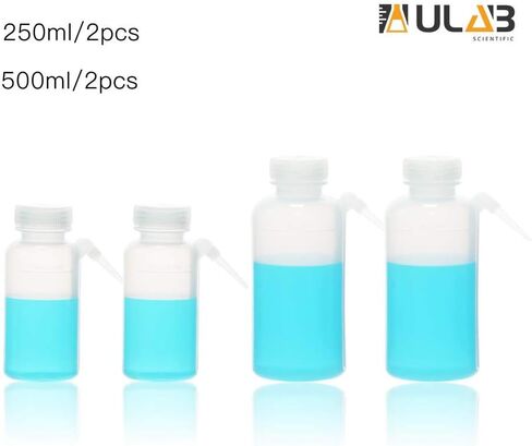 زجاجات غسيل آمنة علمية من ULAB، ذات فم ضيق 250 مل و500 مل قطعتان لكل حجم، زجاجات ضغط بلاستيكية، زجاجة LDPE مع أنبوب سحب من البولي بروبيلين، UWB1003 in Kuwait