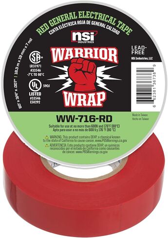 WarriorWrap General 3/4 بوصة × 60 قدم 7 مل شريط كهربائي من الفينيل، أحمر in Kuwait