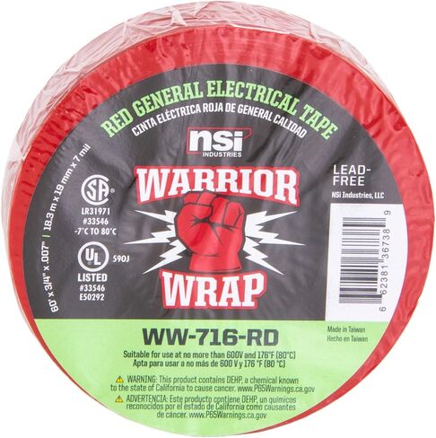 WarriorWrap General 3/4 بوصة × 60 قدم 7 مل شريط كهربائي من الفينيل، أحمر in Kuwait