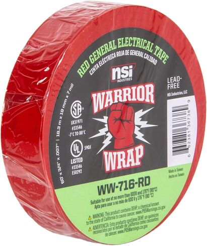 WarriorWrap General 3/4 بوصة × 60 قدم 7 مل شريط كهربائي من الفينيل، أحمر in Kuwait