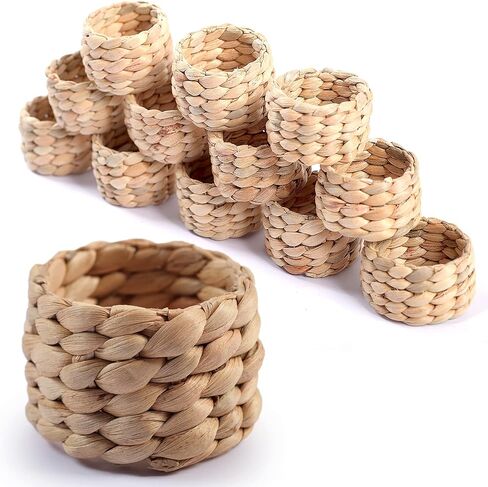 12pcs Round Woven Napkin Ring, Water Hyacinth Napkins Rings, Rustic Napkin Rings, Handmade Braided Grass and Bead Napkin Ring, Farmhouse Napkin Rings, Spring Napkin Rings, Napkin Holder Set of 12 in Kuwait