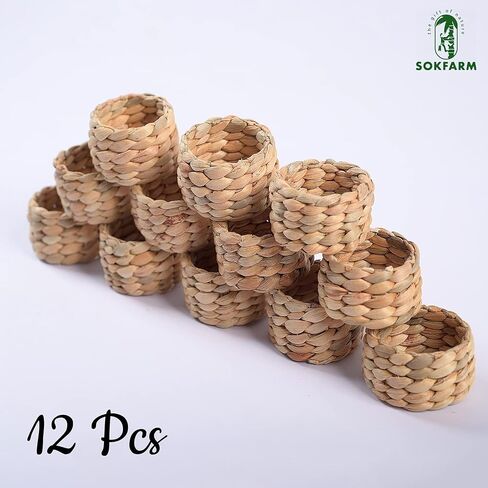 12pcs Round Woven Napkin Ring, Water Hyacinth Napkins Rings, Rustic Napkin Rings, Handmade Braided Grass and Bead Napkin Ring, Farmhouse Napkin Rings, Spring Napkin Rings, Napkin Holder Set of 12 in Kuwait