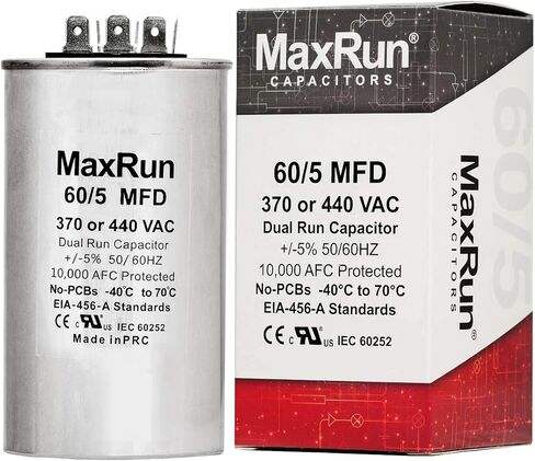 MAXRUN 60+5 MFD uf 370 أو 440 فولت VAC محرك مستدير مزدوج التشغيل لمكثف مكيف الهواء المتردد - 60/5 فائق التوهج MFD 440V مضخة تبريد أو حرارة مستقيمة - سيتم تشغيل محرك التيار المتردد والمروحة - ضمان لمدة 5 سنوات in Kuwait