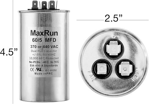 MAXRUN 60+5 MFD uf 370 أو 440 فولت VAC محرك مستدير مزدوج التشغيل لمكثف مكيف الهواء المتردد - 60/5 فائق التوهج MFD 440V مضخة تبريد أو حرارة مستقيمة - سيتم تشغيل محرك التيار المتردد والمروحة - ضمان لمدة 5 سنوات in Kuwait