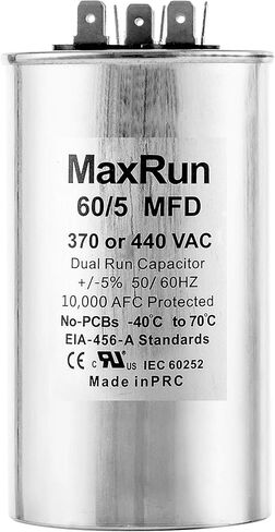MAXRUN 60+5 MFD uf 370 أو 440 فولت VAC محرك مستدير مزدوج التشغيل لمكثف مكيف الهواء المتردد - 60/5 فائق التوهج MFD 440V مضخة تبريد أو حرارة مستقيمة - سيتم تشغيل محرك التيار المتردد والمروحة - ضمان لمدة 5 سنوات in Kuwait