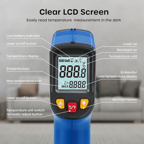 Ecowell Infrared Thermometer Gun, Temperature Gun, Laser IR Digital Temp Surface Tools Accessories, Heat Thermometer for Cooking Griddle Pizza Oven Engine, -58°F to 1120°F, Not for Humans, Non-Contact in Kuwait