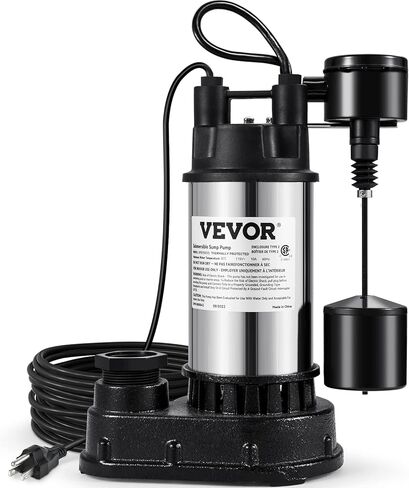 VEVOR 1.5 HP مضخة غاطسة من الحديد الزهر والصلب، مضخة مياه غاطسة 6000 GPH مع مفتاح تعويم عمودي متكامل، لحوض المياه في الطابق السفلي ومنطقة الفيضانات in Kuwait