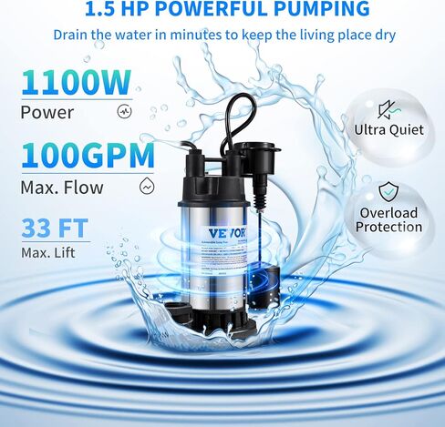 VEVOR 1.5 HP مضخة غاطسة من الحديد الزهر والصلب، مضخة مياه غاطسة 6000 GPH مع مفتاح تعويم عمودي متكامل، لحوض المياه في الطابق السفلي ومنطقة الفيضانات in Kuwait