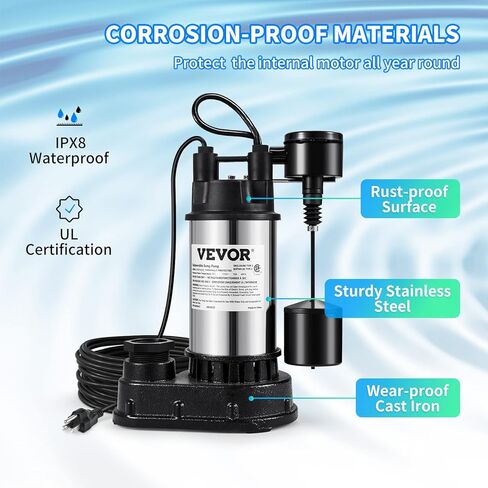 VEVOR 1.5 HP مضخة غاطسة من الحديد الزهر والصلب، مضخة مياه غاطسة 6000 GPH مع مفتاح تعويم عمودي متكامل، لحوض المياه في الطابق السفلي ومنطقة الفيضانات in Kuwait