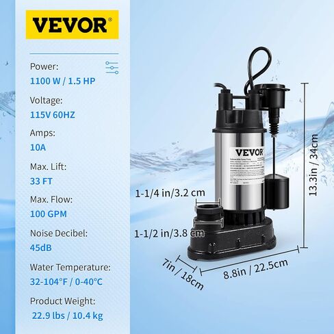 VEVOR 1.5 HP مضخة غاطسة من الحديد الزهر والصلب، مضخة مياه غاطسة 6000 GPH مع مفتاح تعويم عمودي متكامل، لحوض المياه في الطابق السفلي ومنطقة الفيضانات in Kuwait