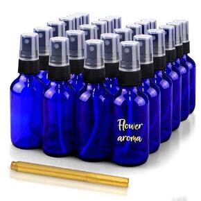 2oz Glass Spray Bottles for Essential Oils with Gold Pen Marker, Small Fine Mist Spray Bottle, Refillable, for Hair Spray, Essential Oils, Colognes, and Hand Sanitizers, Blue, Pack of 12